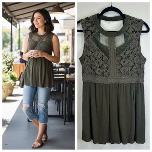 Boho Forest Fairy Olive Sage Green Lace Tank Top Crotchet M Hippie Feminine